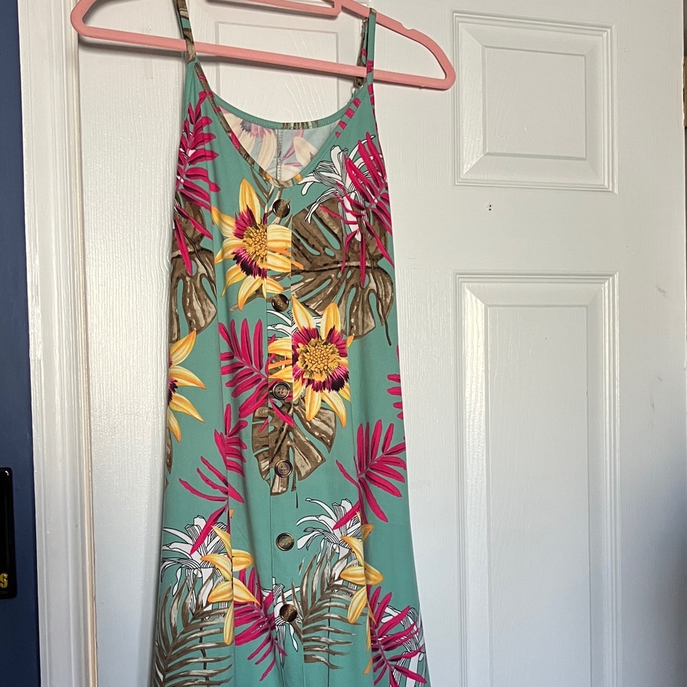 Tropical Floral Dress Spaghetti Strap XS Green Yellow Pink with Pockets